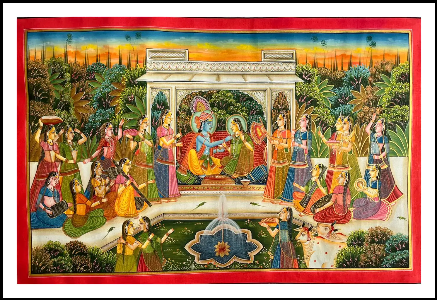 Pichwai Art – Handmade Painting of Radha Krishna with Gopis in Pavilion | Traditional Indian Wall Décor
